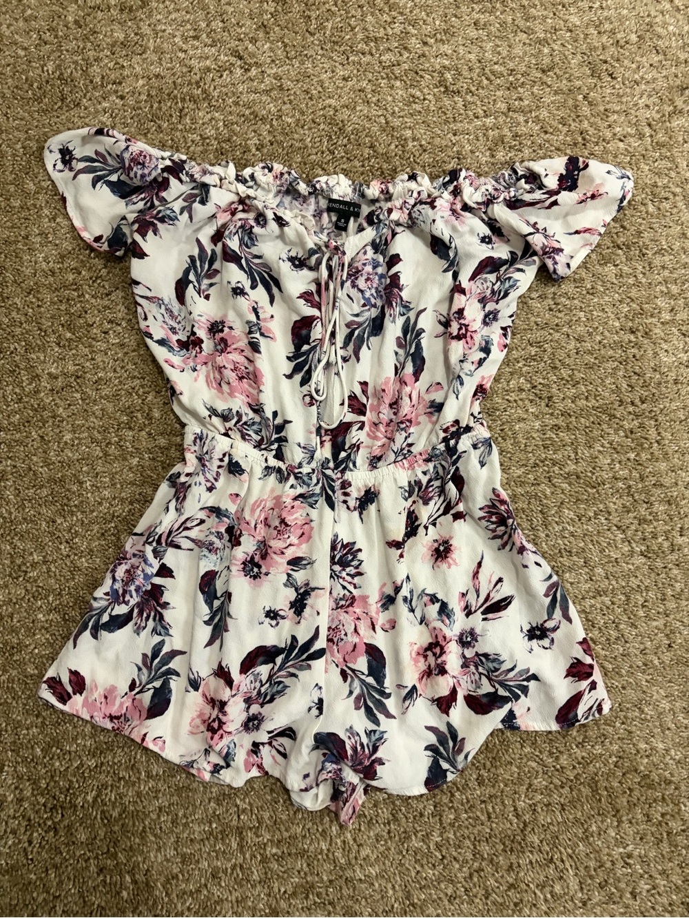 Kendall & Kylie White Floral Off-Shoulder Romper with Pink and Navy Print